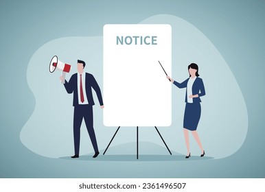 Office person with idea and businessman speaking into megaphone. Woman with business plan flat vector illustration. Notice, Attention concept for banner or landing web page