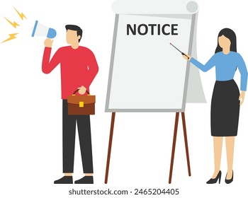 Office person with idea and businessman speaking into megaphone. Woman with business plan flat vector illustration. Notice, Attention concept for banner or landing web page

