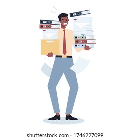 Office person with a lot of paperwork. Deadline and busy lifestyle concept. Idea of many work and few time. Employee stressing in office. Business problems. Flat vector illustration
