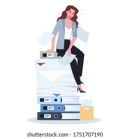 Office person with a lot of paperwork. Deadline and busy lifestyle concept. Idea of many work and few time. Employee stressing in office. Business problems. Flat vector illustration