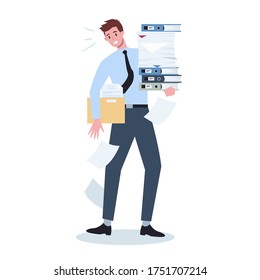 Office person with a lot of paperwork. Deadline and busy lifestyle concept. Idea of many work and few time. Employee stressing in office. Business problems. Flat vector illustration