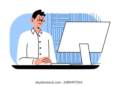 Office person working PC. Man sitting at computer table. Businessman or manager occupation. Professional workplace. Corporate executive worker. Programmers job. Young employee vector simple drawing