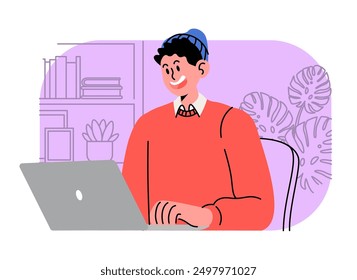 Office person working PC. Man sitting at computer table. Businessman or manager occupation. Professional workplace. Corporate executive worker. Programmers job. Young employee vector simple drawing