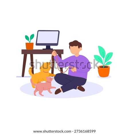 Office Pet Day, boosting morale through friendly pet interactions, Flat vector character illustration