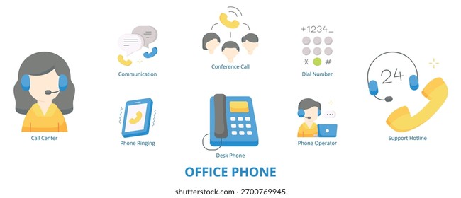 Office Phone Flat Banner Web Icon Set Vector Illustration