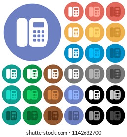 Office phone multi colored flat icons on round backgrounds. Included white, light and dark icon variations for hover and active status effects, and bonus shades on black backgounds.