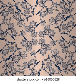 Office pink geometric seamless pattern in magnolia flowers style. Colorful, symmetric design for textile, surface, wallpaper or other purpose. Tangled puzzle repeatable backdrop. Vector background.