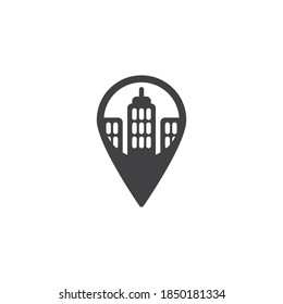 Office place location vector icon. filled flat sign for mobile concept and web design. Gps marker with buildings, office position glyph icon. Symbol, logo illustration. Vector graphics