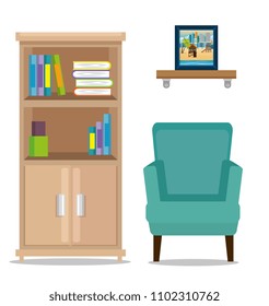 office place scene with library