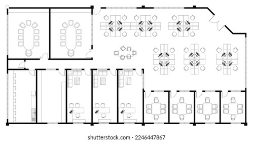 Diseño del plan de oficina completo con el mobiliario de oficina en el plano CAD 2D. Dibujo producido en blanco y negro. También se han previsto varios espacios, como una sala de reuniones, una terraza, etc. 