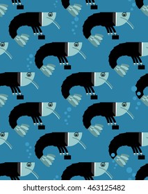 Office plankton seamless pattern. Shrimp in business suit texture. Marine animal background. Crustaceans manager in tie and carrying briefcase
