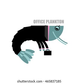 Office plankton. Shrimp in business suit and briefcase. Marine animal goes to work in service. Crustaceans manager in tie and carrying case