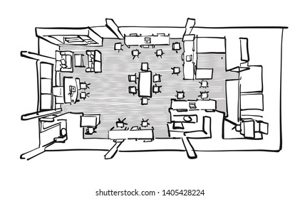 Office planning concept from top. Hand drawn vector art for architecture and communication projects. 
