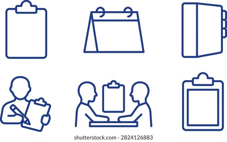 Office and planning icons including clipboard calendar binder and meeting arrangements for business and organizational purposes.