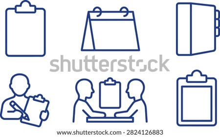 Office and planning icons including clipboard calendar binder and meeting arrangements for business and organizational purposes.