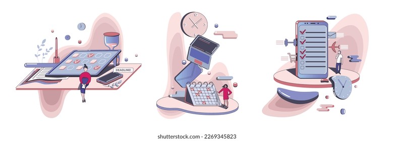 Gráfico vectorial 2d de planificación y programación de caricaturas de oficina. Mujeres en el fondo de las tareas de trabajo y el concepto de color de los calendarios enormes. Hombre tratando de equilibrar el trabajo y la rutina de la vida con el juego de arte plano