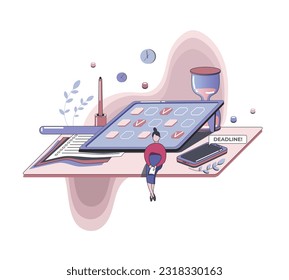 Office planning and scheduling cartoon 2d vector graphic. Woman on background of work tasks and huge calendar concept. Vector flat style illustration on white background