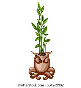Office plant in a ceramic pot in the shape of an owl with tentacles of octopus isolated on white background. Ideas for interior design. Vector illustration.