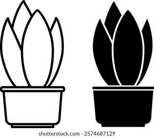 Office Plant Icons. Black and White Vector Icon. Plant in Flower Pot. Interior Item. Office Concept