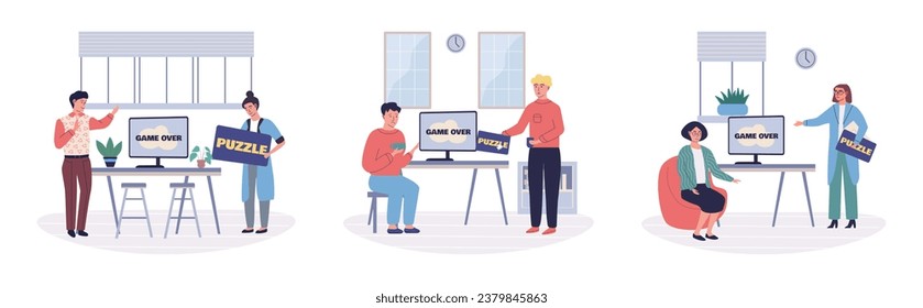 Büro, das Vektorgrafik spielt. Die Arbeit im Büro ermöglicht es Einzelpersonen, spielerische Interaktionen zu betreiben und Erfahrungen zu sammeln Die Büros spielen Metapher unterstreicht Bedeutung mit