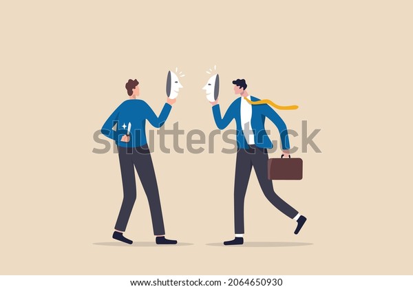 Office politics, jealousy colleagues compete to\
get promoted, rivalry coworker argument, dishonesty stab in the\
back concept, businessmen colleagues putting fake smile mask hiding\
the knife behind.