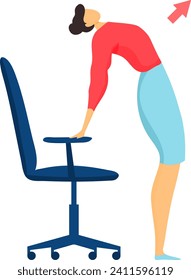 Office pose for healthy lifestyle, isolated on white vector illustration. Success flat fitness for female character cartoon design. Businesswoman body exercise, workout, stretching with chair.