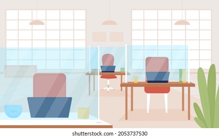 Office post covid flat color vector illustration. Desks with protective shields for social distancing during quarantine. New normal. Corporate 2D cartoon interior with furniture on background