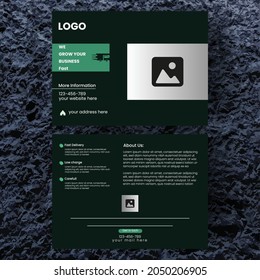 Office postcard design, vector, corporate, dark, and green