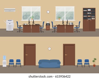 Office premises in a beige color. Office room with brown furniture and blue chairs, a corridor. There is a cabinet, a copy machine, a printer, a conditioner and other objects in the picture. Vector