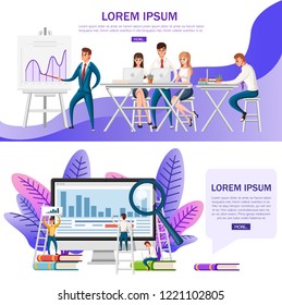 Office presentation. Conference hall with planning board and wooden desk and chairs. People work with laptops. Cartoon character design. Flat vector illustration on white background.