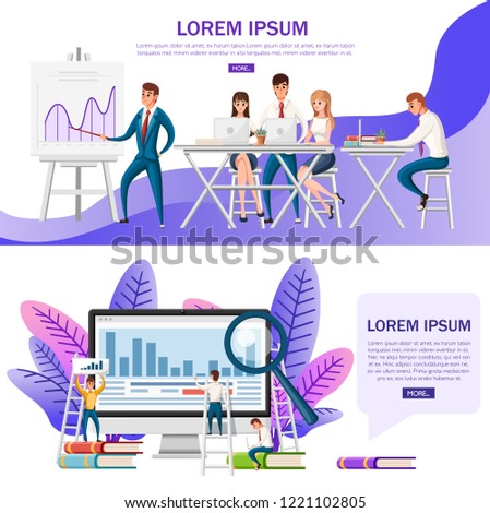 Office presentation. Conference hall with planning board and wooden desk and chairs. People work with laptops. Cartoon character design. Flat vector illustration on white background.