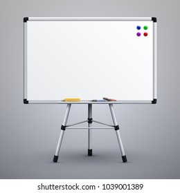 Office Presentation Whiteboard On Tripod. Blank Classroom White Noticeboard 3d Vector Illustration. White Board For Presentation On Tripod