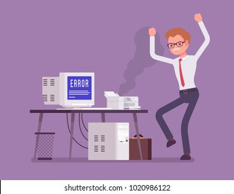 Office printer error. Angry worker feeling annoyance, displeasure with bad working old damaged device at workplace, stressed with not functioning wrong computer. Vector flat style cartoon illustration