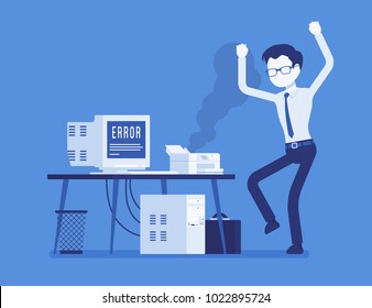 Office printer error. Angry worker feeling annoyance, displeasure with bad working old damaged device at workplace, stressed with not functioning computer. Vector illustration with faceless characters