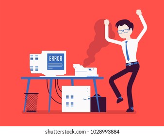 Office printer error. Angry worker feeling annoyance, displeasure with bad working old damaged device at workplace, stressed with not functioning computer. Vector illustration with faceless characters