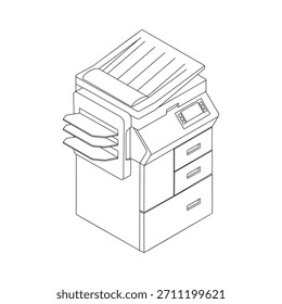 Bürodrucker - handgezeichnete, isometrische schwarz-weiße Vektorgrafik.