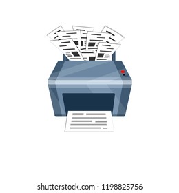 Office printer in a huge pile of paper file documents. Much work. Print pages. Problems with household computer equipment. Gray technique.

