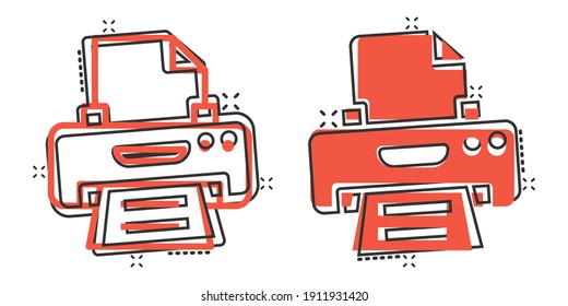 Office printer icon in comic style. Fax cartoon vector illustration on white isolated background. Text printout splash effect business concept.