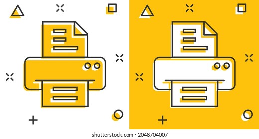 Office printer icon in comic style. Fax cartoon vector illustration on white isolated background. Text printout splash effect business concept.