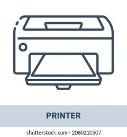 Office printer outline monochrome icon with title. Collection of electronic devices and gadgets icons. Vector monochrome illustrations isolated on white background.