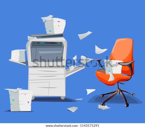 Office printer\
scanner. Copier with flying paper isolated on background. Copy\
machine with pile of documents, stack of papers in cardboard boxes\
with office chair. Vector\
car