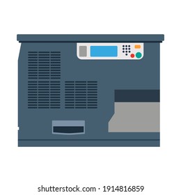Office printer technology vector illustration. Computer printer paper machine equipment design icon. Document printout symbol device. Multifunction office copier business machine. Inkjet sign