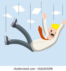 Office problem. Collapse and bankruptcy. crisis and Scared guy. Cartoon flat illustration. Work in Economics. . Employee dismissal. Falling down man in shirt and tie. Paper file document