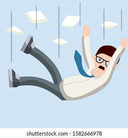 Office problem. Collapse and bankruptcy. crisis and Scared guy. Cartoon flat illustration. Employee dismissal. Falling down man in shirt and tie. Paper file document. Work in Economics.