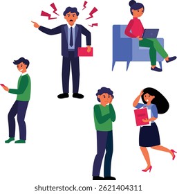 Problemas de escritório Chefão irritado, funcionários estressados e problemas de local de trabalho.