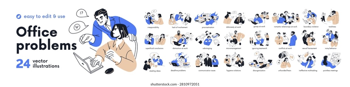 Office problems concept set. Employees gossip, harassment, dishonesty, sabotage and procrastination. Workplace conflicts and bad work behavior. Flat vector illustrations isolated on white background.