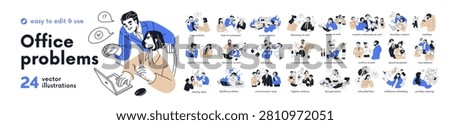 Office problems concept set. Employees gossip, harassment, dishonesty, sabotage and procrastination. Workplace conflicts and bad work behavior. Flat vector illustrations isolated on white background.