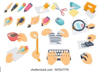 Office process set. Searching, typing on keyboard, put stamp, tear paper, measuring, coffee break, cut with scissors, use mouse, punch, stapler, eraser. Hand with pen, pencil, brush, marker