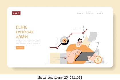 Office productivity concept. A focused man multitasking with digital tablet amidst financial tasks and growth chart. Home office, time management. Vector illustration.