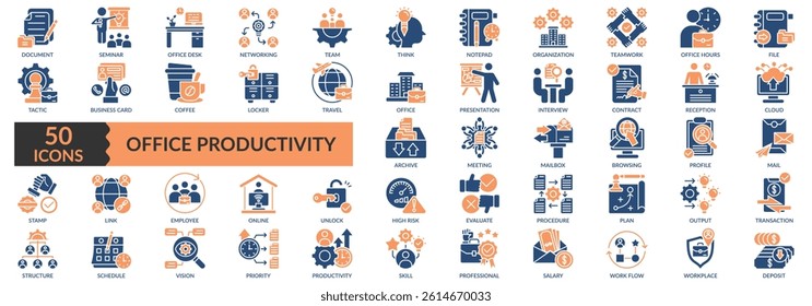 Office Productivity Icon Set in blue and orange color With Document, Team, Organization, Teamwork, Office, Presentation, Interview, Archive, Employee, Productivity, Skill, Professional, And Others